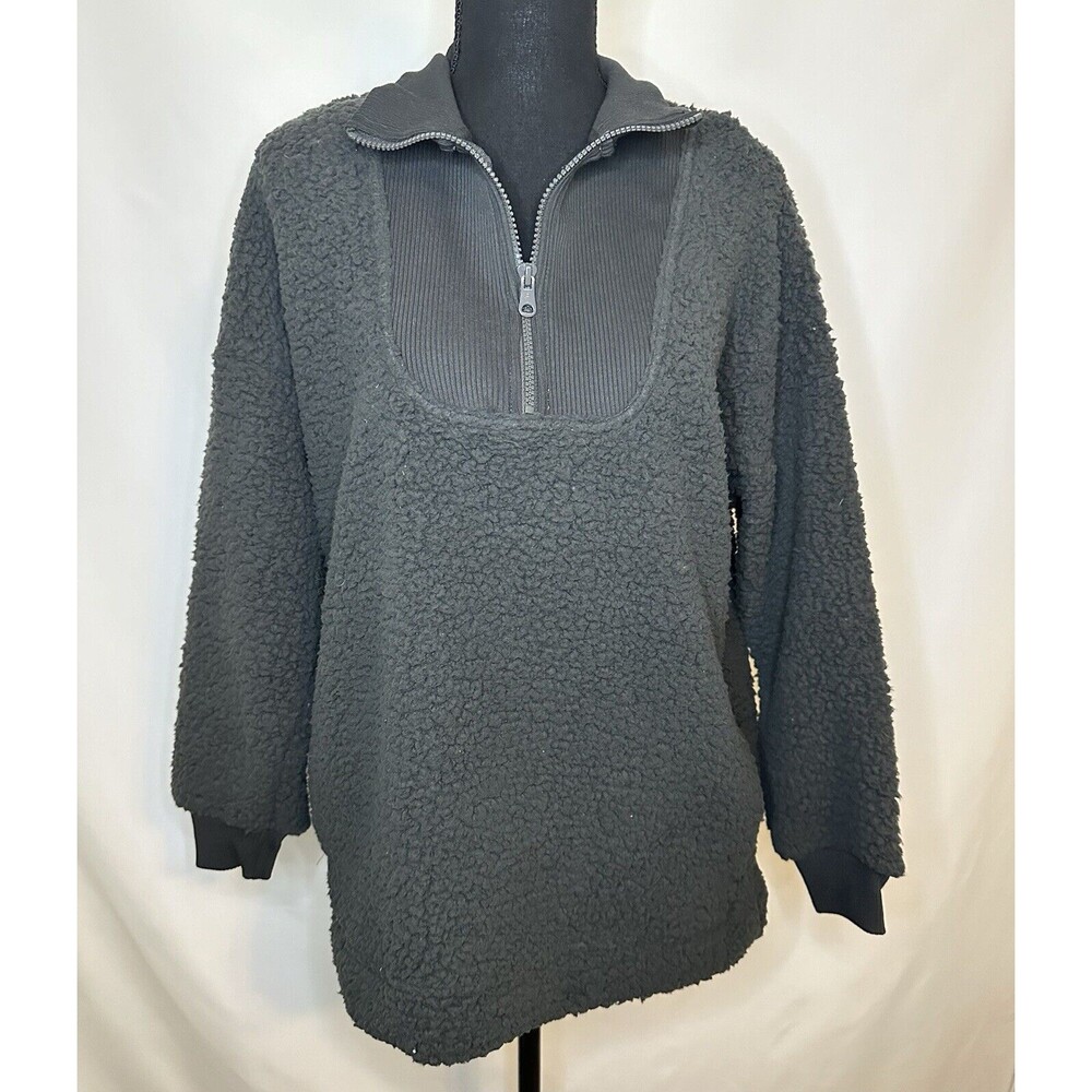 AERIE Oversized Dream Sherpa‎ Quarter Zip Black Sweater SMALL NWT